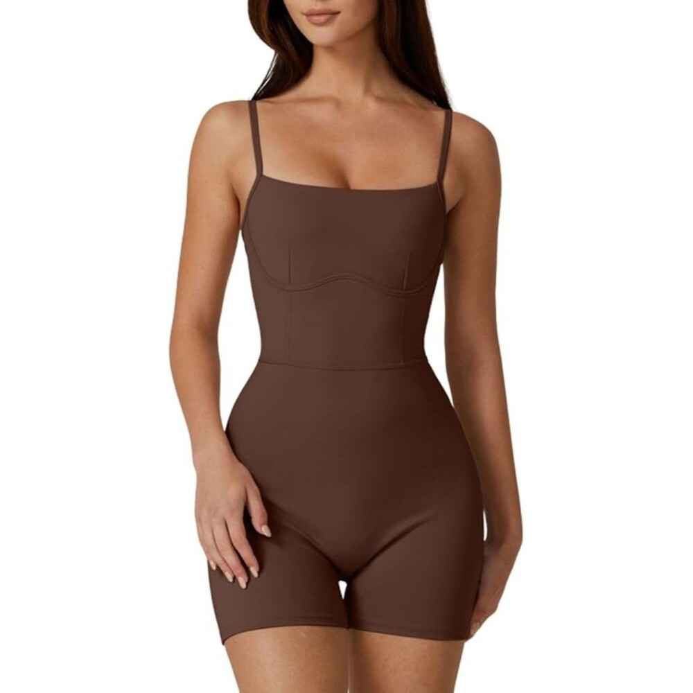 Sleeveless Loungewear Spaghetti Strap Short Length Jumpsuit Romper Brown S